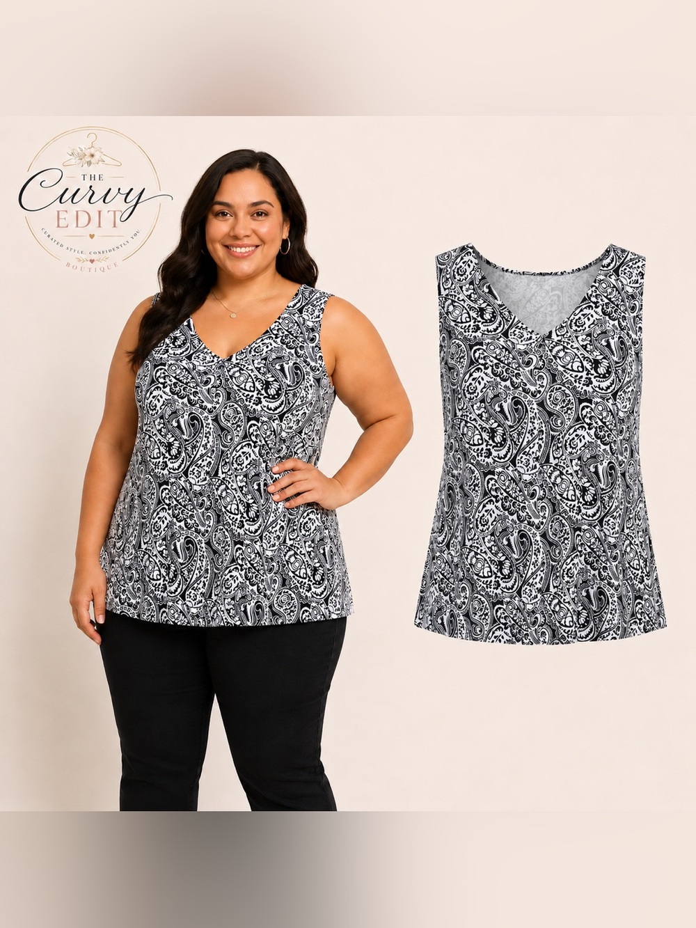 Talbots Woman 1X Black White Paisley Sleeveless Top | V-Neck Career Casual